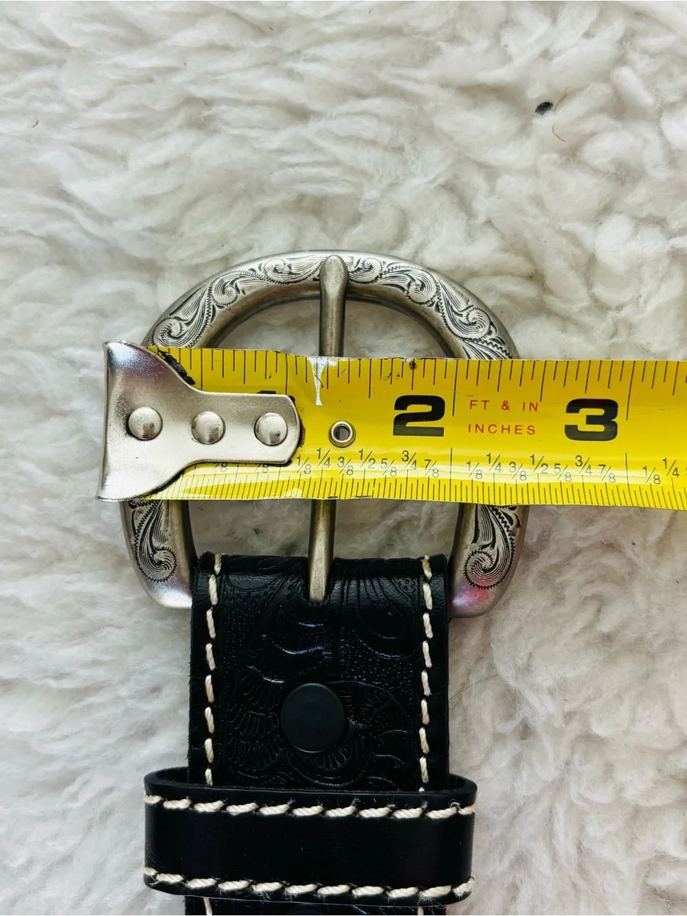 Classic Black Embossed Leather Western Belt with Engraved Silver Buckle Sz 38